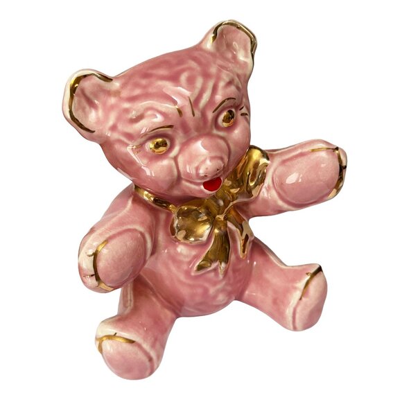 Vintage Pink Teddy Bear Bank with Gold Accents by Pearl China Co. Kitsch - Picture 2 of 9